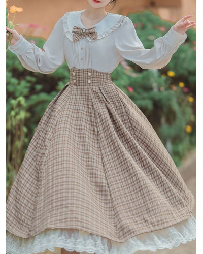 Lolita Outfits Khaki Lace Ruffles Bows Plaid Long Sleeves Skirt Blouse Sets Academic Daily Casual Tea Party