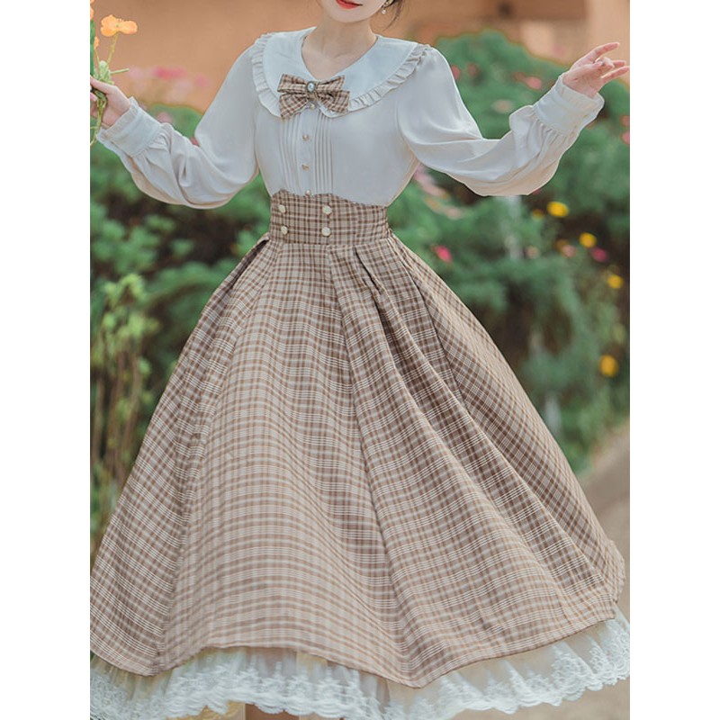 Lolita Outfits Khaki Lace Ruffles Bows Plaid Long Sleeves Skirt Blouse Sets Academic Daily Casual Tea Party