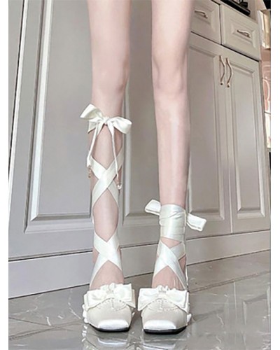 ROCOCO Style Lolita Footwear White Pearls Lace Up Bows Round Toe Elastic Fabric Lolita Shoes