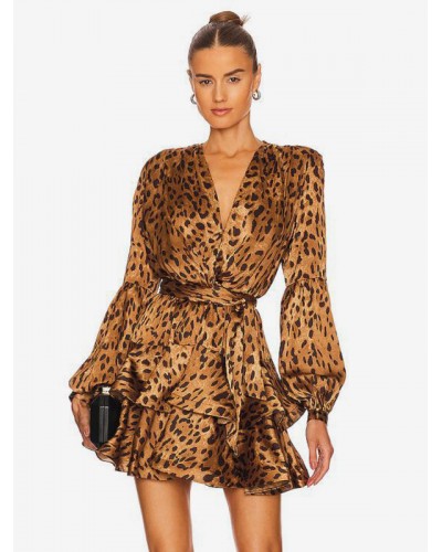 Women Leopard Party Dresses V-Neck Long Sleeves Birthday Mini Semi Formal Dress Chic  Modern Fall