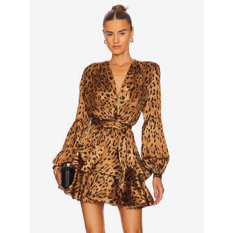 Women Leopard Party Dresses V-Neck Long Sleeves Birthday Mini Semi Formal Dress Chic  Modern Fall