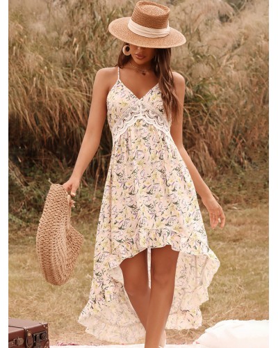 Women Print Midi Dresses Floral Spaghetti Straps High Low Design Lace Straps Neck Sleeveless Backless Sexy Long Dress Summer Resort Wear