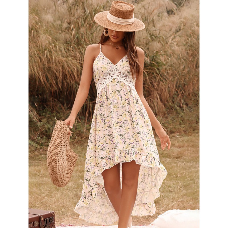 Women Print Midi Dresses Floral Spaghetti Straps High Low Design Lace Straps Neck Sleeveless Backless Sexy Long Dress Summer Resort Wear