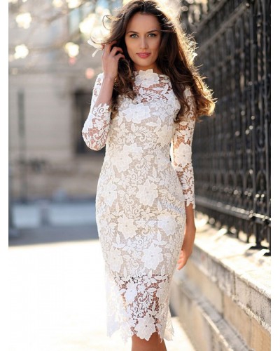 Women White Dress Three Quarter Sleeve All Over Lace Dress Sexy Dating