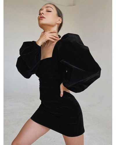 Birthday Dresses Black Long Sleeves Sexy Square Neck Sheath Dress Bodycon Dating