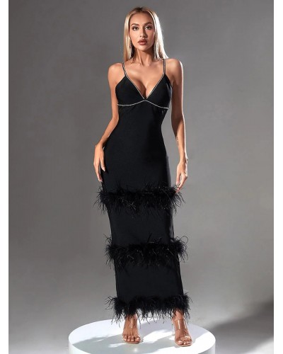 Women Party Dresses V-Neck Backless Rhinestones Feather Bandage Dress Maxi Spring Summer Fall