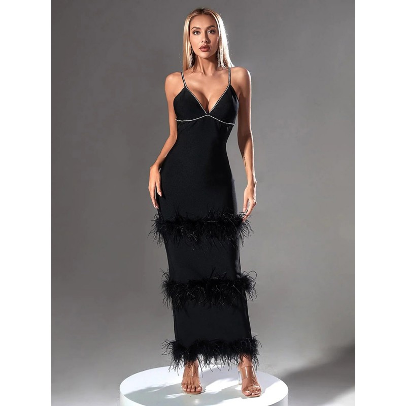 Women Party Dresses V-Neck Backless Rhinestones Feather Bandage Dress Maxi Spring Summer Fall