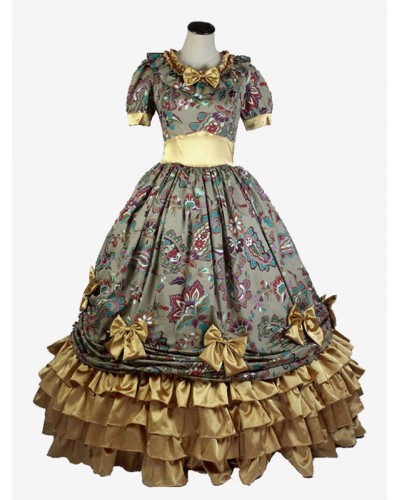 Women Light Brown Costumes 's Floral Print Ruffles Bows Polyester Dress Marie Antoinette Costume Vintage Clothing Tunic Royal Retro