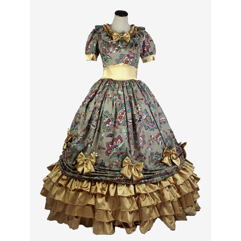 Women Light Brown Costumes 's Floral Print Ruffles Bows Polyester Dress Marie Antoinette Costume Vintage Clothing Tunic Royal Retro