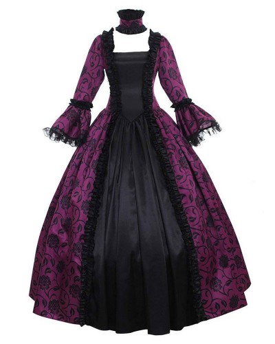 Victorian Dress Costume Women's Purple Long Sleeves Square Neckline Flower Print Ball Gown With Choker Victorian Era Style Vintage Clothing Halloween Baroque