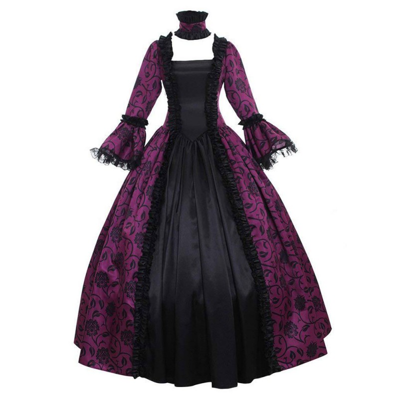 Victorian Dress Costume Women's Purple Long Sleeves Square Neckline Flower Print Ball Gown With Choker Victorian Era Style Vintage Clothing Halloween Baroque