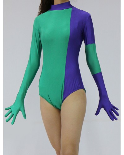 Women Split Color Long Sleeve Lycra Spandex Bodysuit For Leotard