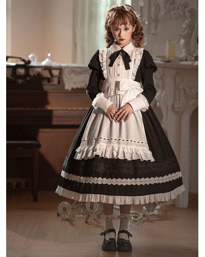 Gothic Lolita Dress Ruffles Bows Long Sleeves Polyester Maid Dress Black Lolita Dress Apron 2-Piece Set