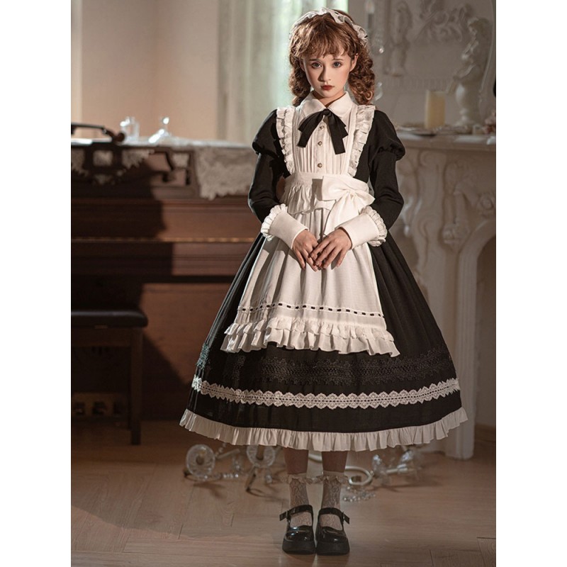 Gothic Lolita Dress Ruffles Bows Long Sleeves Polyester Maid Dress Black Lolita Dress Apron 2-Piece Set