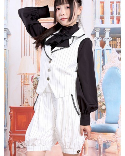 Classic Lolita Outfits White V Neck Sleeveless Waistcoat With Shorts Sets Classic  Traditional Daily Casual