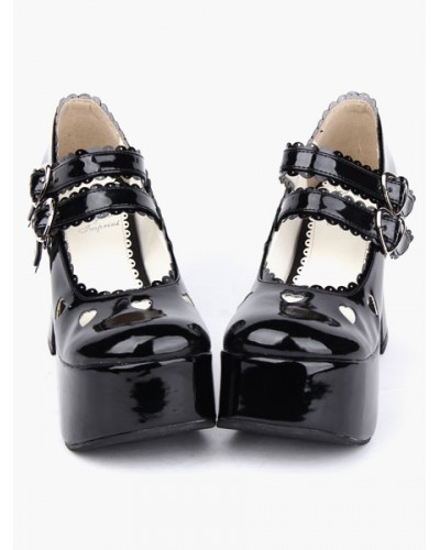 Glossy Black Lolita Chunky Heels Shoes Platform Shoes Ankle Straps Buckles Bow Hollow Heart Daily Casual