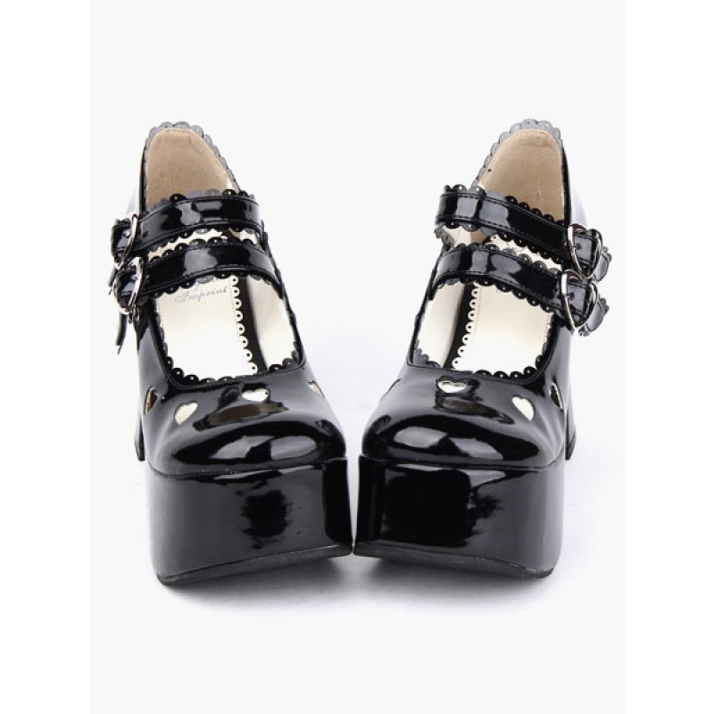 Glossy Black Lolita Chunky Heels Shoes Platform Shoes Ankle Straps Buckles Bow Hollow Heart Daily Casual