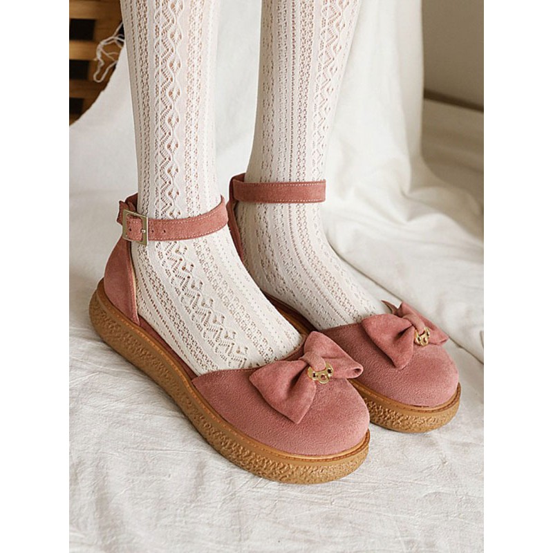 Sweet Lolita Sandals Bows Monogram Suede Round Toe Pink Lolita Summer Flat Shoes Daily Casual