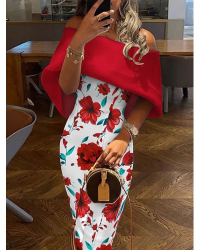 Bodycon Dress Floral Print Red Bateau Neck Zipper Layered Sexy Short Sleeves Pencil Wrap Dresses Chic  Modern Fall Winter