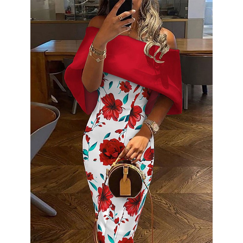 Bodycon Dress Floral Print Red Bateau Neck Zipper Layered Sexy Short Sleeves Pencil Wrap Dresses Chic  Modern Fall Winter