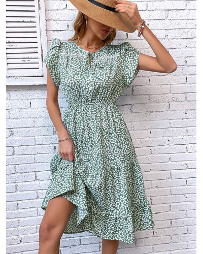 Dress Jewel Neck Floral Print Lace Up Green Medium Beach Dress Summer