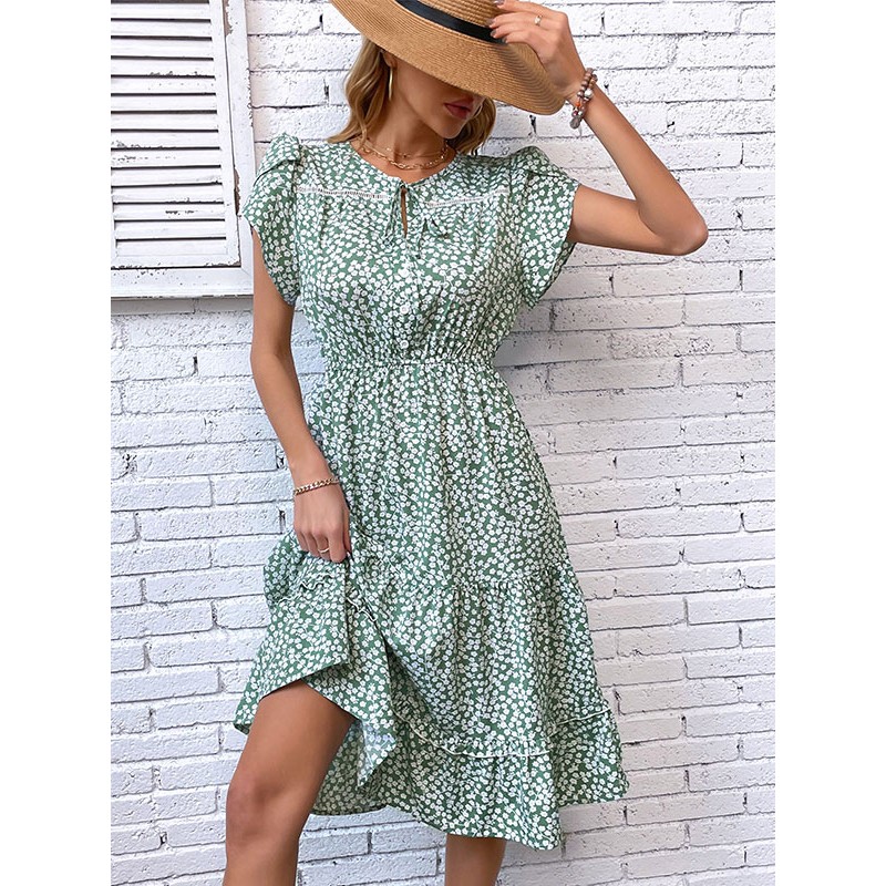 Dress Jewel Neck Floral Print Lace Up Green Medium Beach Dress Summer