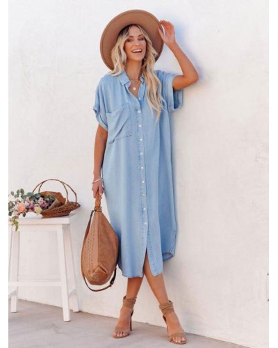 Women Shirt Midi Dress Light Sky Blue V-Neck Short Sleeves Dress Bohemian Summer