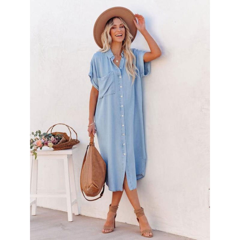 Women Shirt Midi Dress Light Sky Blue V-Neck Short Sleeves Dress Bohemian Summer