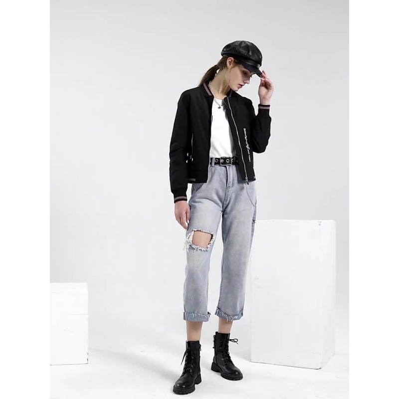 Women Bomber Jacket Embroidery Black Baseball Jacket Stand Collar Zip Up Cotton Filled Street Outerwear Casual Spring Fall Winter Street Wear Field