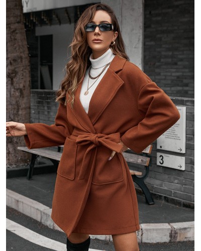 Woman Coat Coffee Brown Lapel Sash Pockets Daily Outerwear Casual