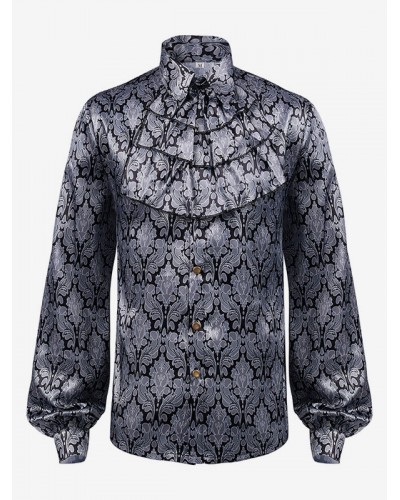 Men Gray Vintage Top Pleated Floral Print Long Sleeves Polyester Polyester Fiber Shirt Costumes For Man Tops Retro Renaissance