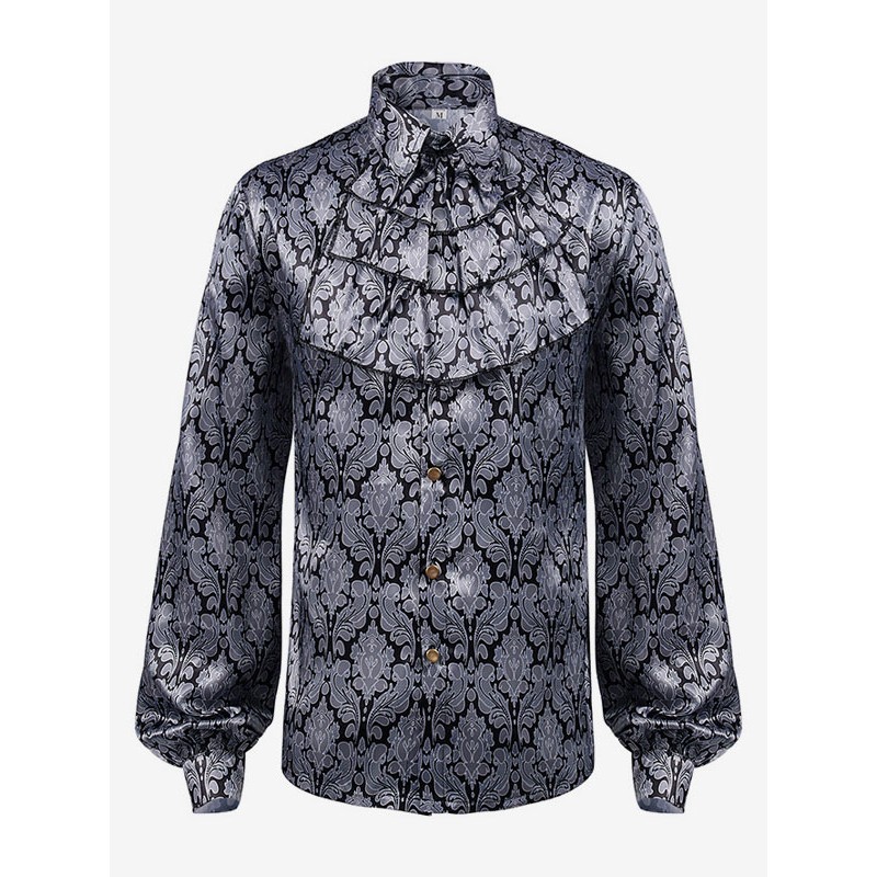 Men Gray Vintage Top Pleated Floral Print Long Sleeves Polyester Polyester Fiber Shirt Costumes For Man Tops Retro Renaissance