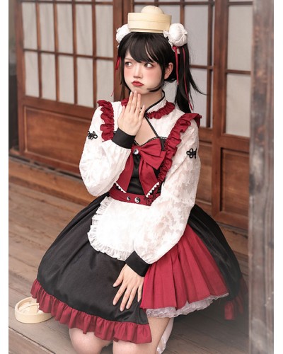 Chinese Style Lolita Dress Ruffles Long Sleeves Polyester Chinese Style Red Chinese Style Lolita