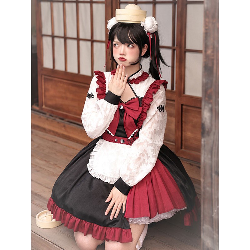 Chinese Style Lolita Dress Ruffles Long Sleeves Polyester Chinese Style Red Chinese Style Lolita