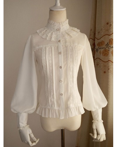 White Chiffon Lolita Blouse Long Gigot Sleeves Ruffles Stand Collar Daily Casual