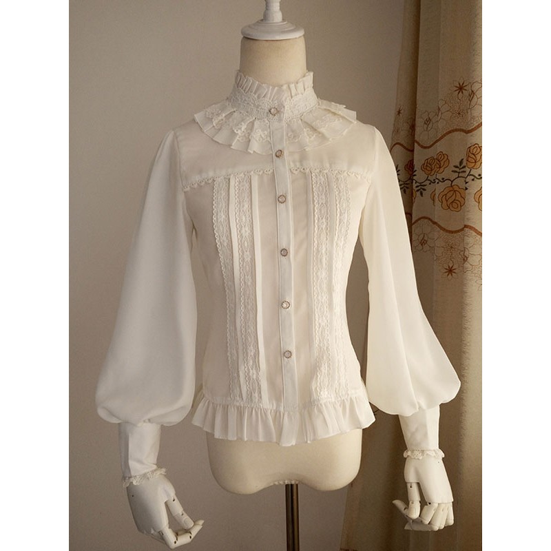 White Chiffon Lolita Blouse Long Gigot Sleeves Ruffles Stand Collar Daily Casual