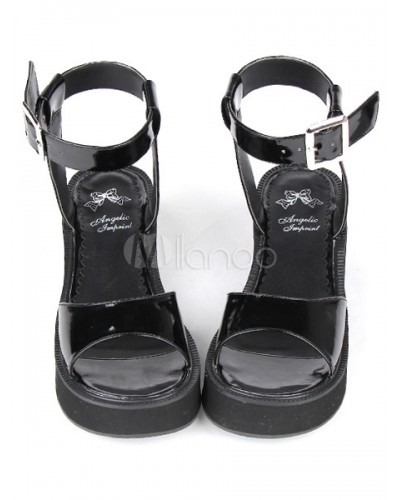 PU Leather Black Mid Heel Round Toe Lolita Sandals