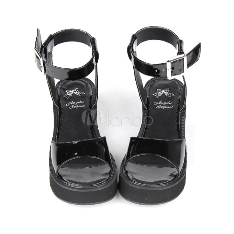 PU Leather Black Mid Heel Round Toe Lolita Sandals