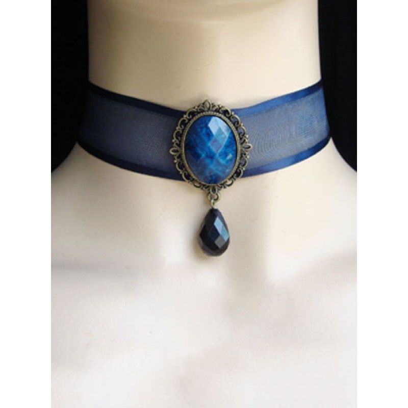 Lolita Choker Necklace Organza Metal Detail Two Tone Jeweled Blue Lolita Jewelry Accessories Gothic Tea Party