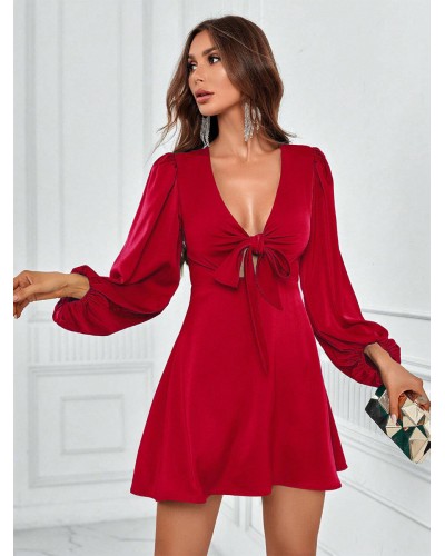 Women Mini Dresses Red Long Sleeves Bows Polyester Short Dress Sexy Spring Fall