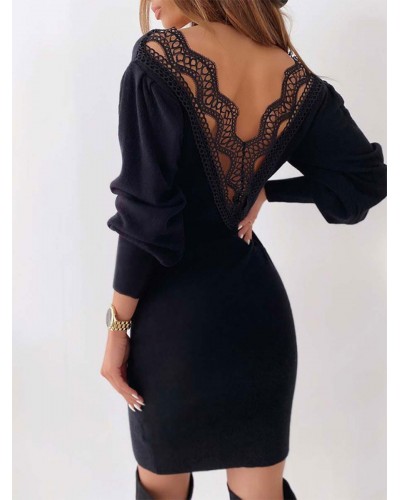 Women Bodycon Dress White V-Neck Casual Long Sleeves Pencil Wrap Dresses Sexy Spring Fall Winter