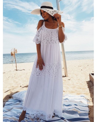 White Boho Dress Women Dress Lace Half Sleeve Cold Shoulder Dress Maxi Beach