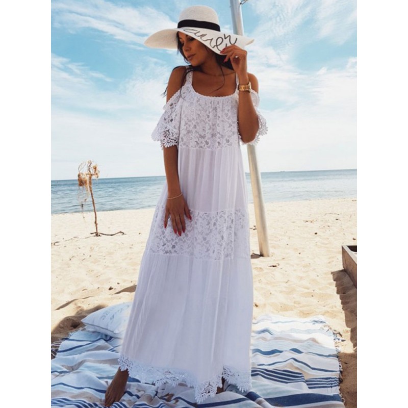 White Boho Dress Women Dress Lace Half Sleeve Cold Shoulder Dress Maxi Beach