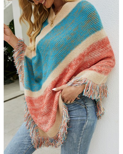 Women Poncho Stripes Pattern Fringe Cape Spring Outerwear Poncho  Cape Fall Winter