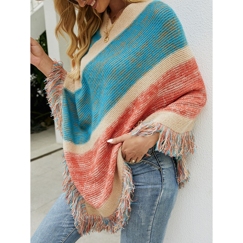 Women Poncho Stripes Pattern Fringe Cape Spring Outerwear Poncho  Cape Fall Winter