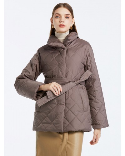 Diamond-Quilted Short Coats Belted Winter Outerwear For Women Quilted Coat