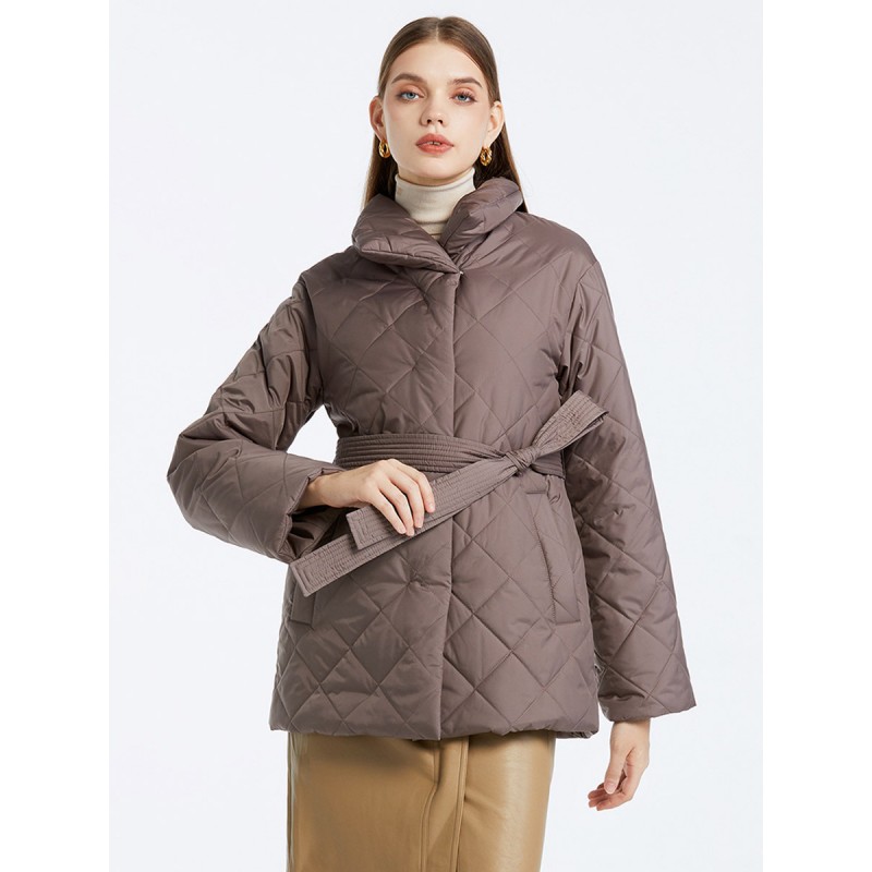 Diamond-Quilted Short Coats Belted Winter Outerwear For Women Quilted Coat