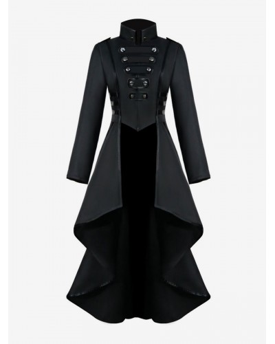 Medieval Renaissance Women's Black Stand Collar Coat Button High Low Jacket Gothic Uniform Tops Retro