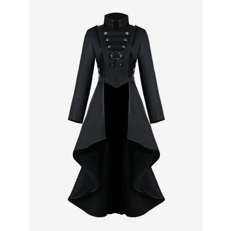 Medieval Renaissance Women's Black Stand Collar Coat Button High Low Jacket Gothic Uniform Tops Retro