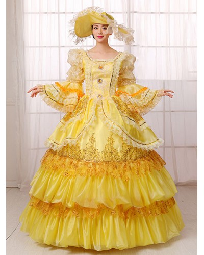 Women Victorian Dress Costume ’s Victorian Era Clothing Yellow Long Sleeves Ball Gown Dress Retro Costume Halloween ROCOCO